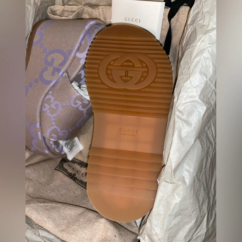 Gucci Beige and White GG Canvas Platform Slide Sandal